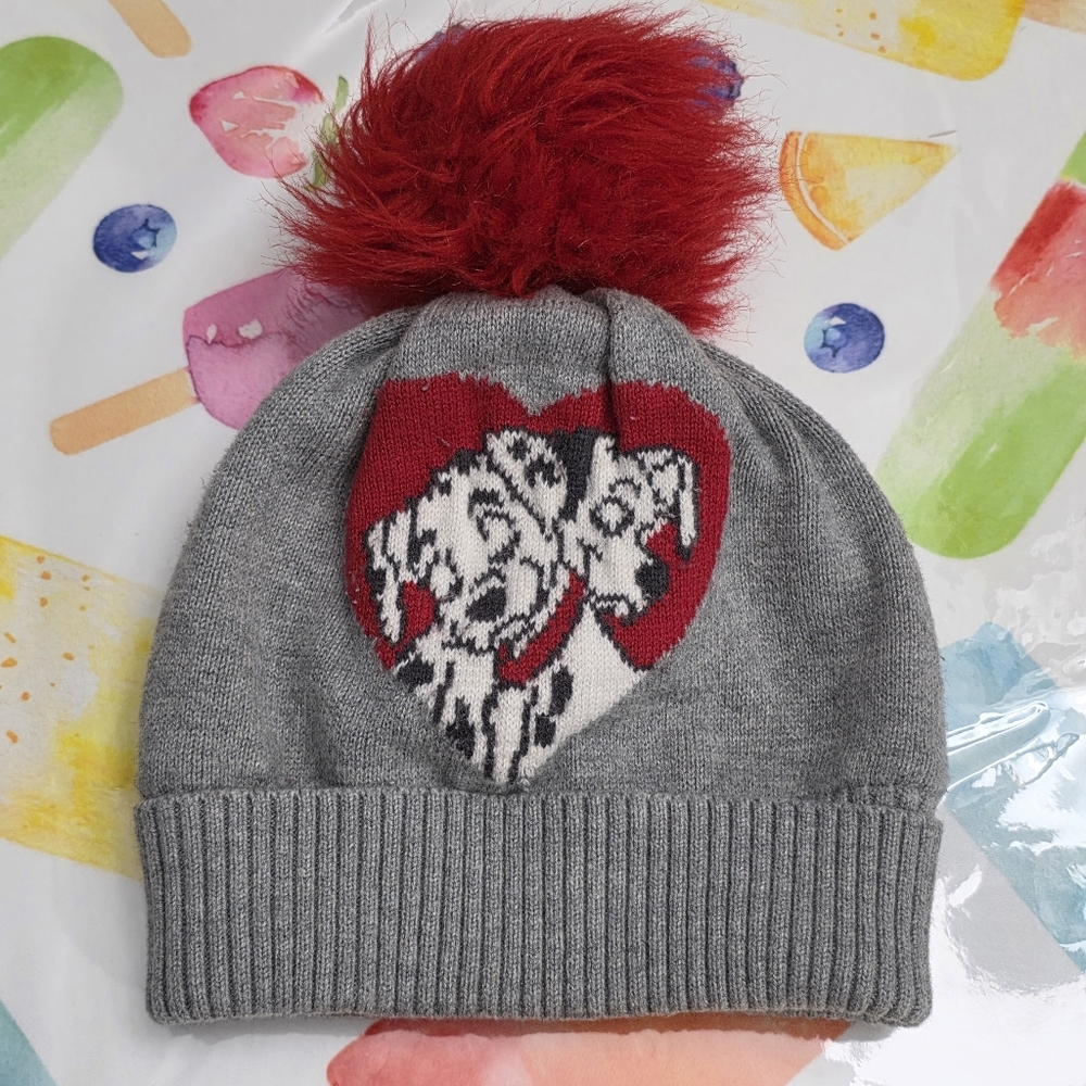 Girls Disney Baby Gap 101 Dalmatians Grey Heart Red Pom Pom Beanie Hat Size M/L